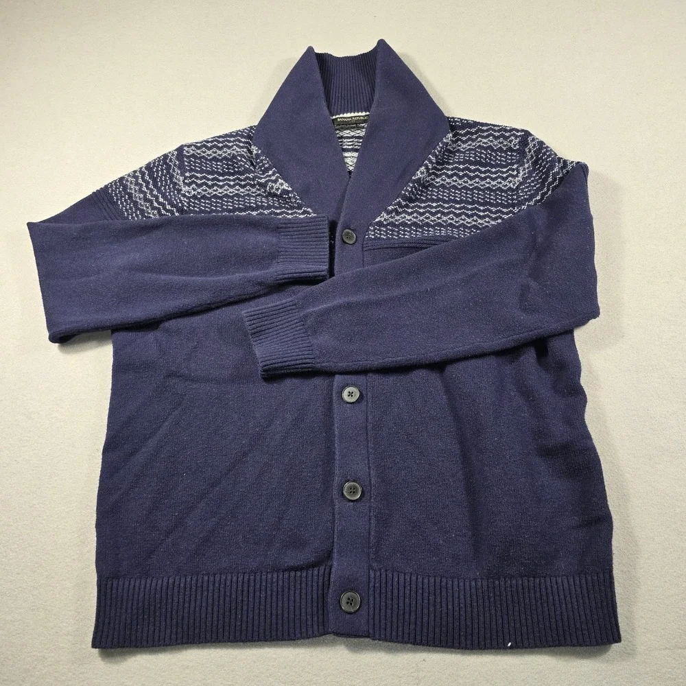 Banana Republic Mens XL Navy Blue Cardigan Sweater Shawl Collar Fair Isle Knit
